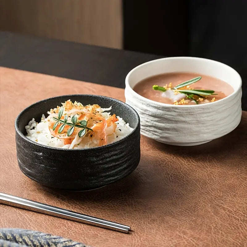 Ceramic Bowls Set of 2 - Textured Porcelain Bowls- Black and White