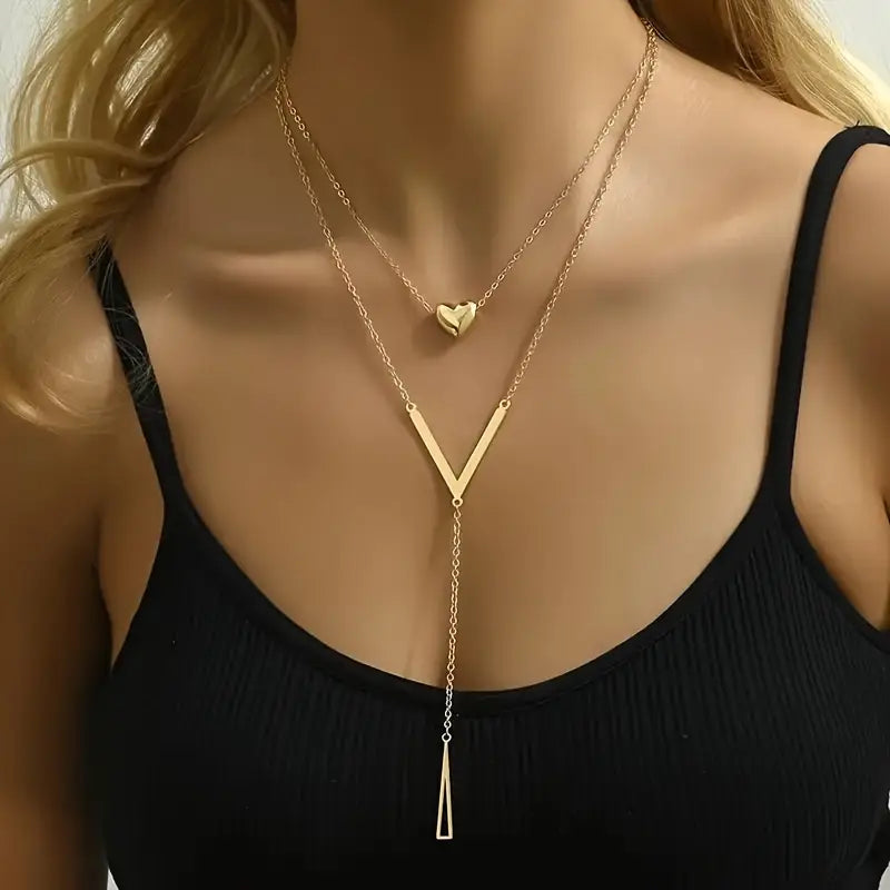 Heart Layered Necklace Women Gold V Pendant Tassel