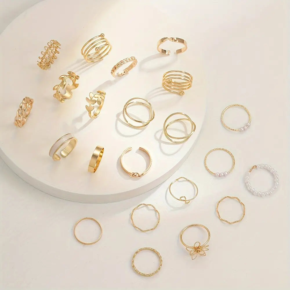 21pcs Elegant Golden-Toned Ring Set with Geometric, Floral & Olive Motifs