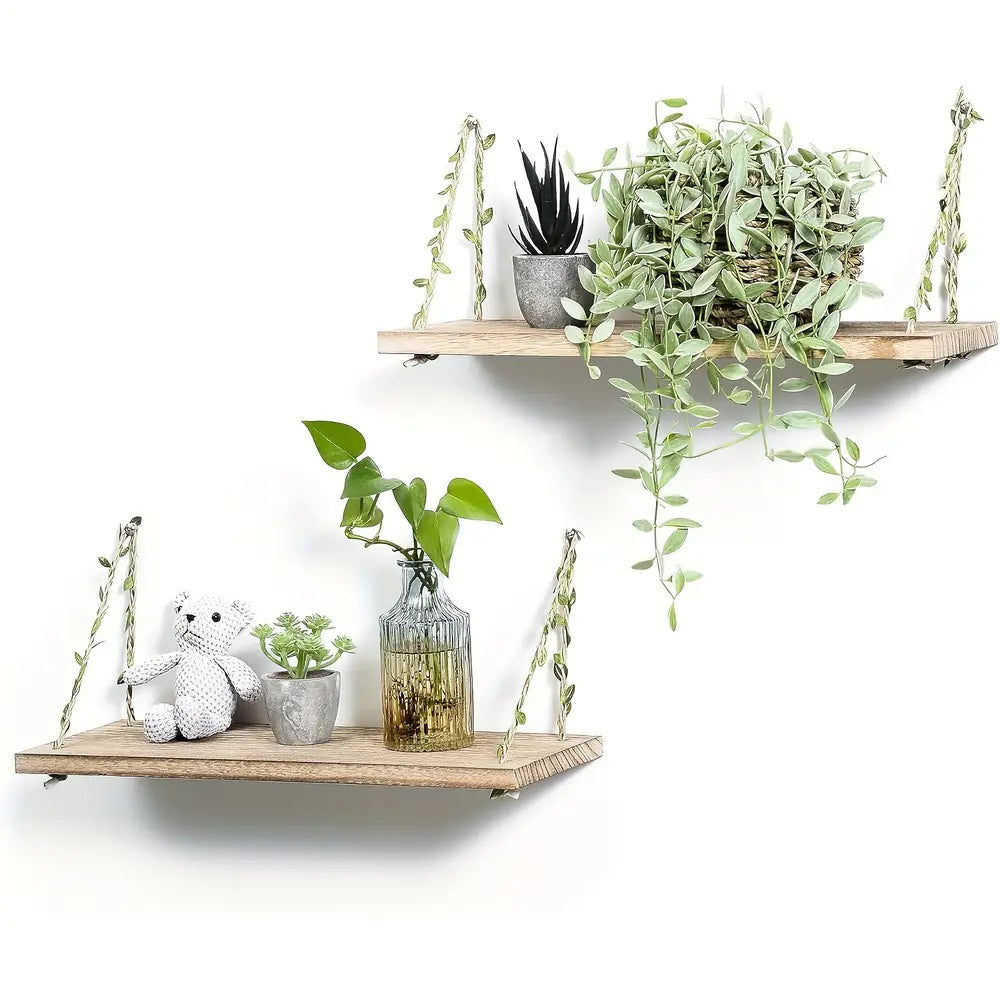 2-Pack Bohemian Style Floating Shelves Rustic Wooden Wall Mounted Storage