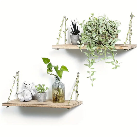 2-Pack Bohemian Style Floating Shelves Rustic Wooden Wall Mounted Storage