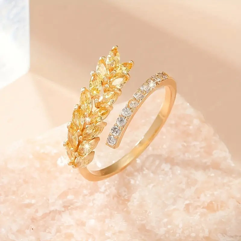 Gold Cuff Ring Adjustable Zirconia Leaves Copper