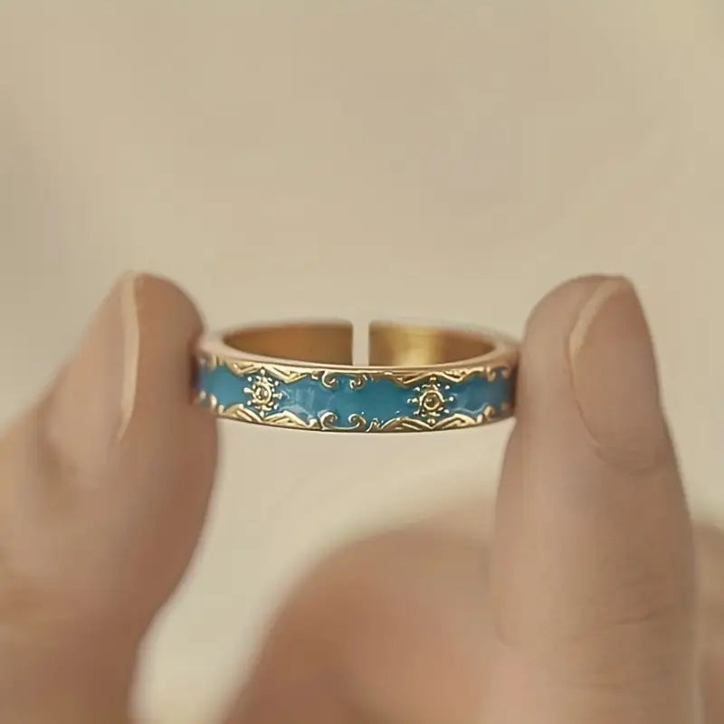 Bague ajustable vintage en cuivre avec malachite synthétique et zircone