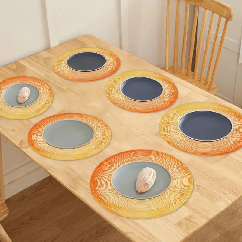 6PC Round Striped Placemats – Orange & Yellow Polyester Dinner Mats