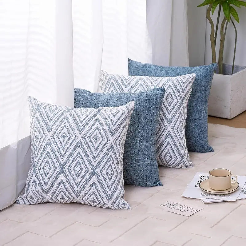 Bohemian Blue Geometric Throw Pillow Covers 18x18 - Sofa Decor