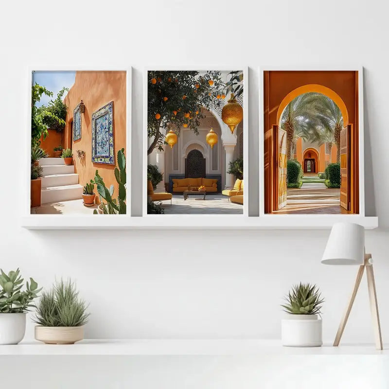 3 stuks moderne oranje botanische en architectuur canvas prints - oningelijste wandkunst voor thuis en kantoor