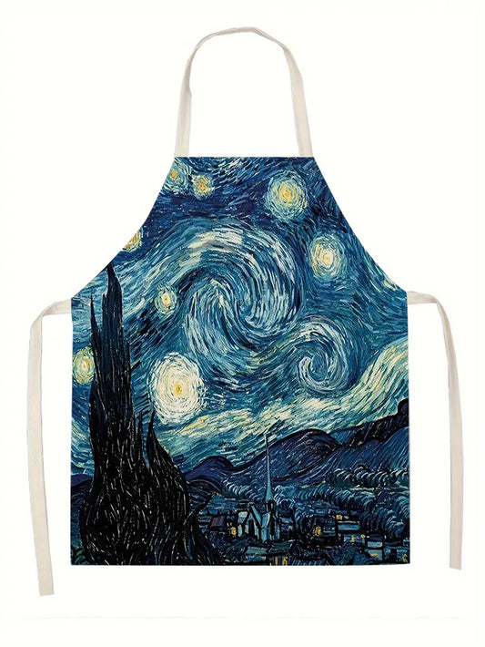 Starry Night Inspired Artistic Apron - Vintage Linen with Tie-Back Detail