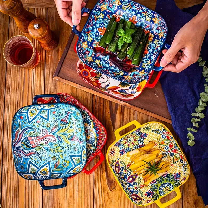 2PCS Boho Ceramic Baking Dishes – Oven Safe Pasta & Dessert Platters