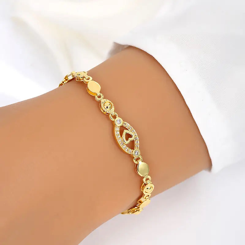 Gold Plated Heart Bracelet - CZ Leaf Charm