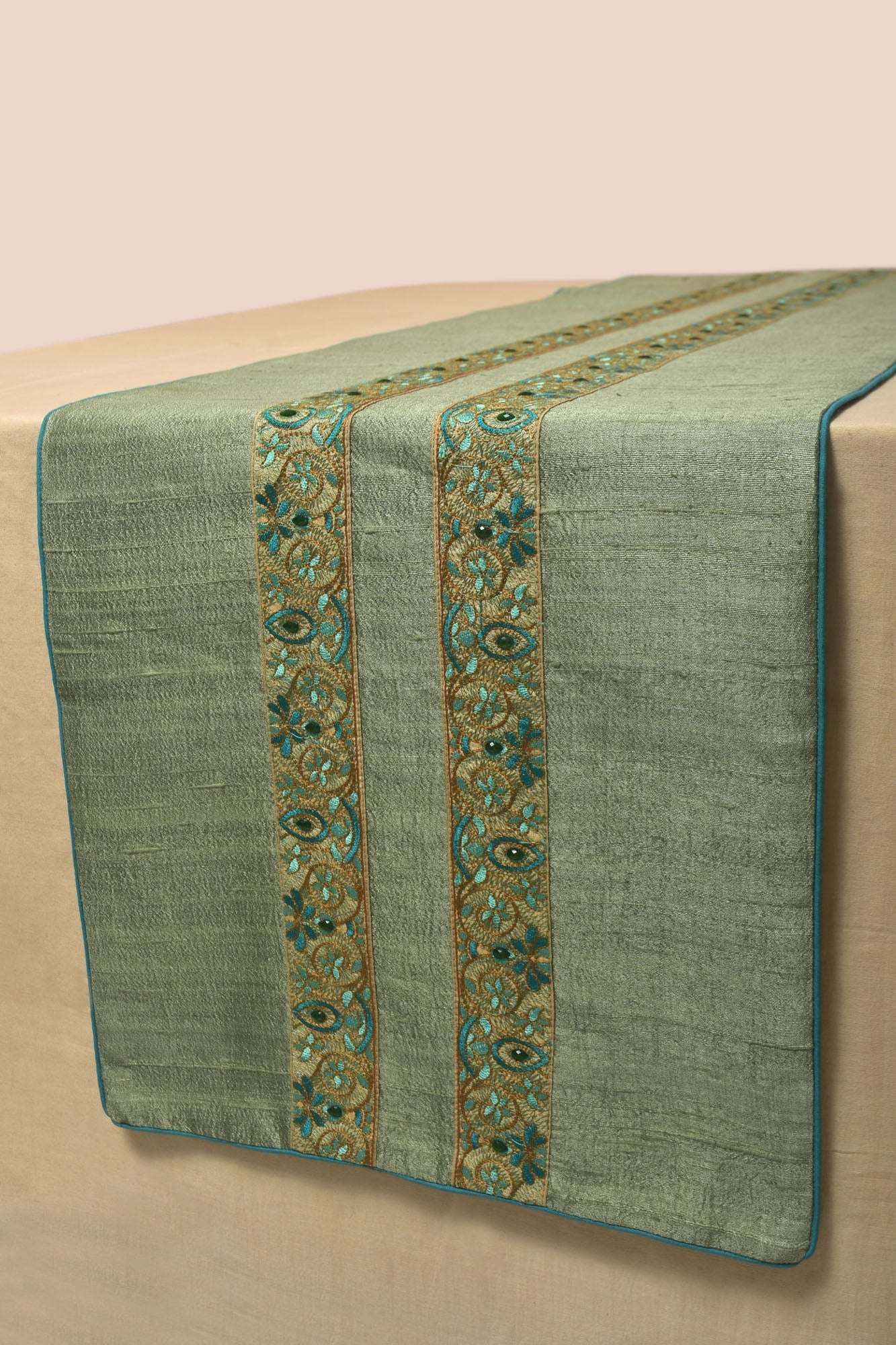 Hand-Embroidered Dupion Silk Table Runner - With Beadwork & Silk Piping
