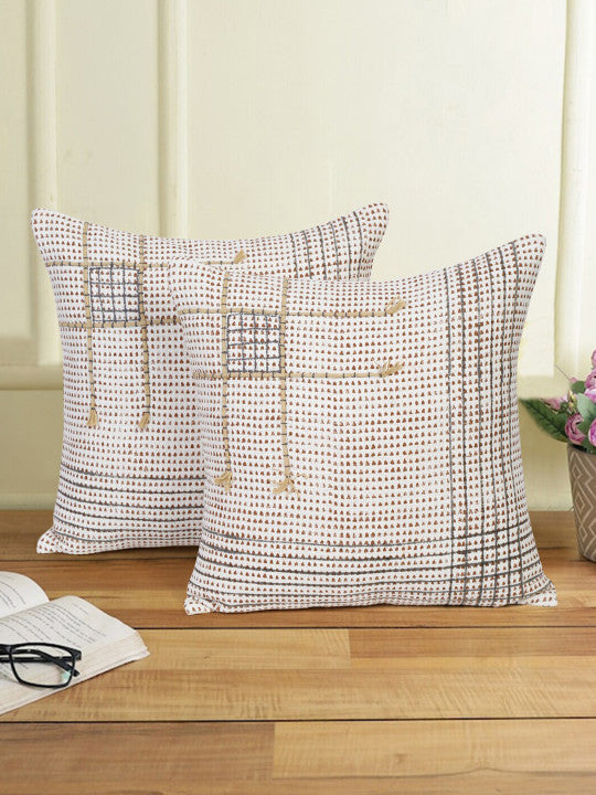 Set of 2 - Geometric Pattern Cushion Covers – Durable Cotton Fabric – Off-White & Brown – 45x45 cm