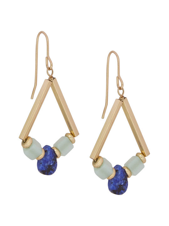 Geometric Dangle Earrings – Retail Fashion Jewellery – Gold Tone & Blue Metal – Secure Fish Hook