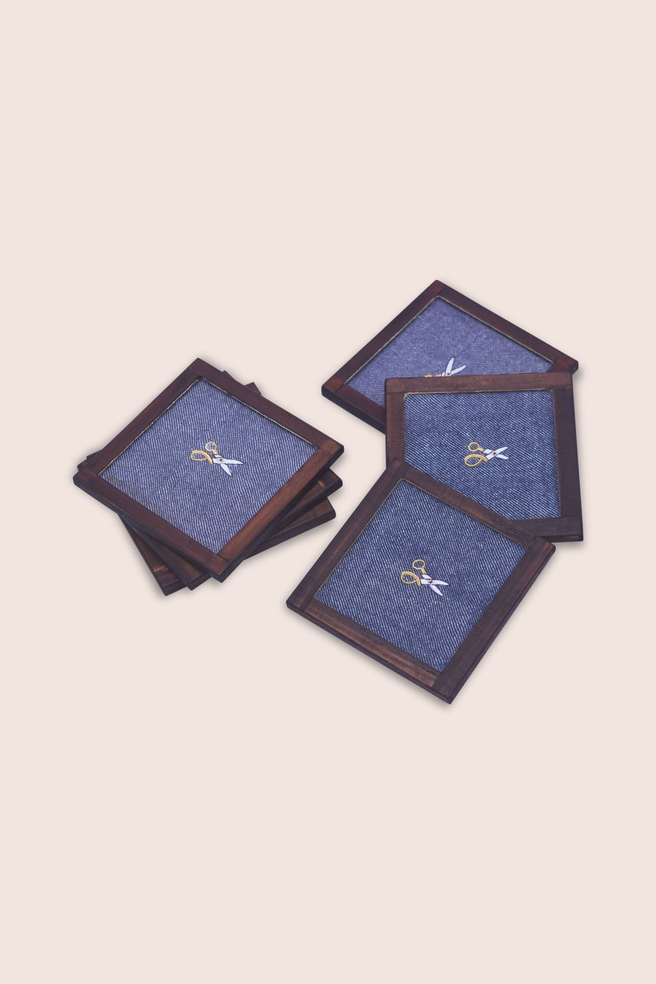 Handwoven Denim Cocktail Coasters - Set Of 2 With Holder, Zardozi