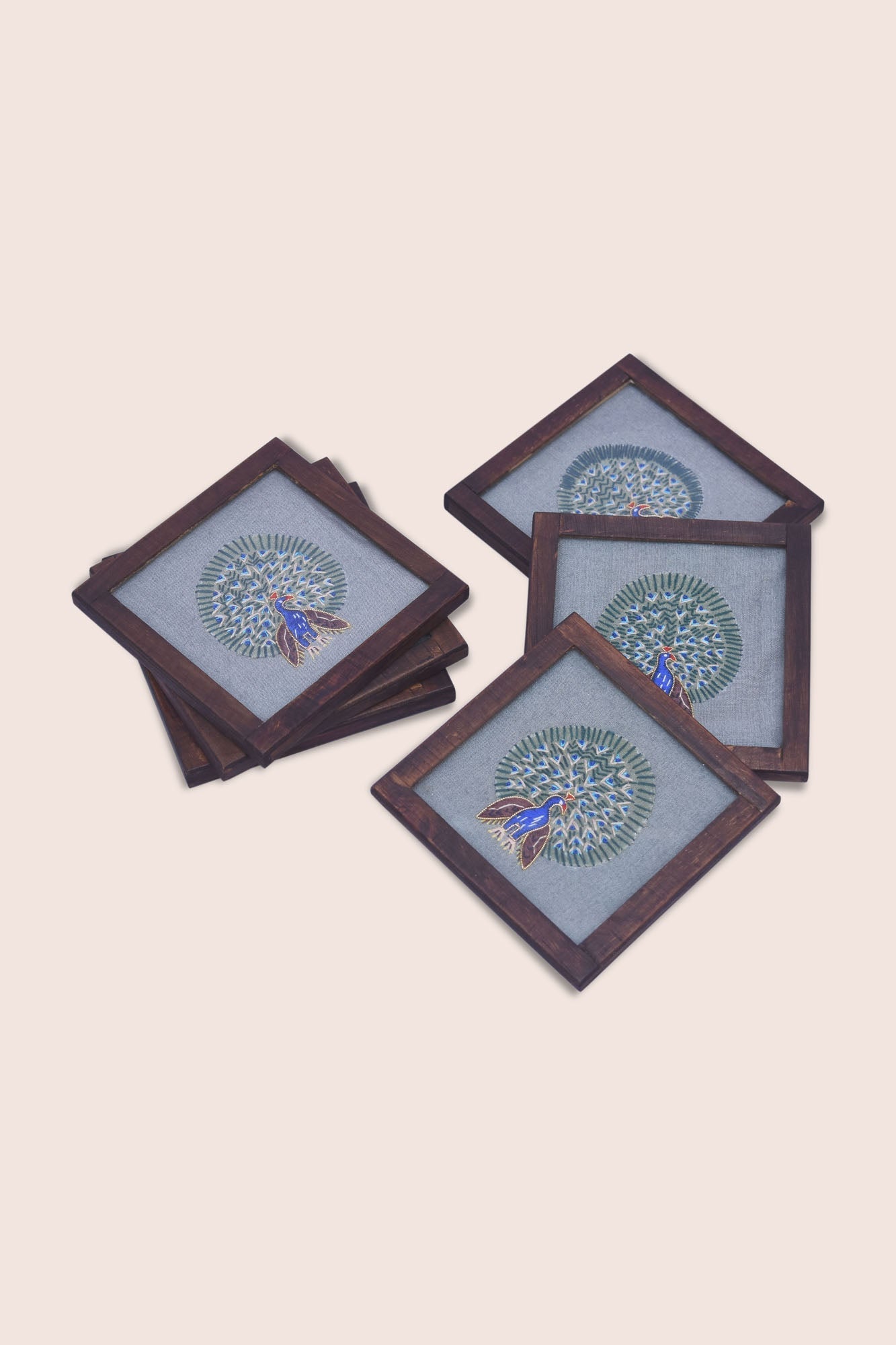 Khadi Cotton Beverage Coaster Peacock - With Holder