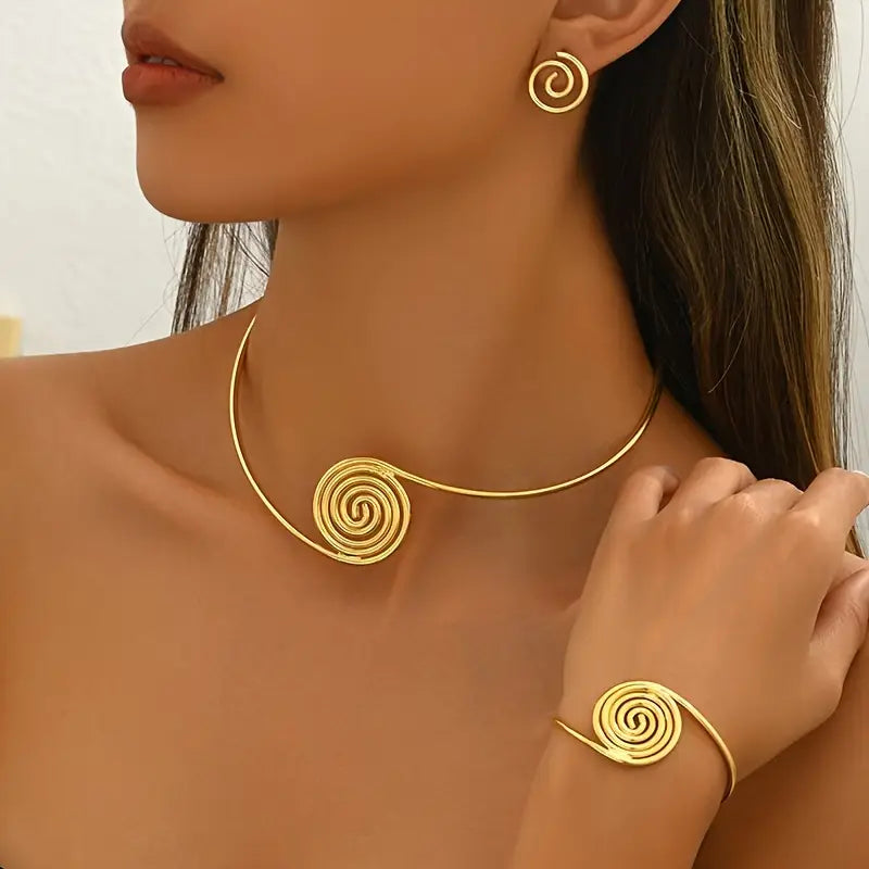 Geometric Jewelry Set: Hollow Earrings, Bracelet, Necklace
