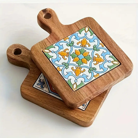 Floral Wooden Coasters with Rack - Hot Pads and Tripods