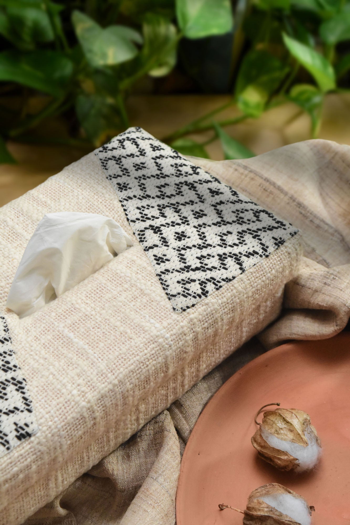 Handwoven Cotton Tissue Box - Jacquard Geometric Design