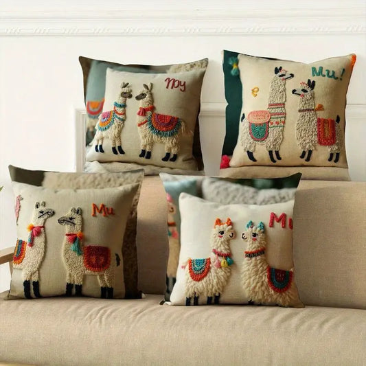 Boho Alpaca Pillow Covers 4pcs - Embroidered Decorative Cushion Cases