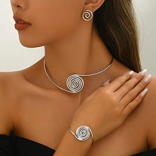 Geometric Jewelry Set: Hollow Earrings, Bracelet, Necklace