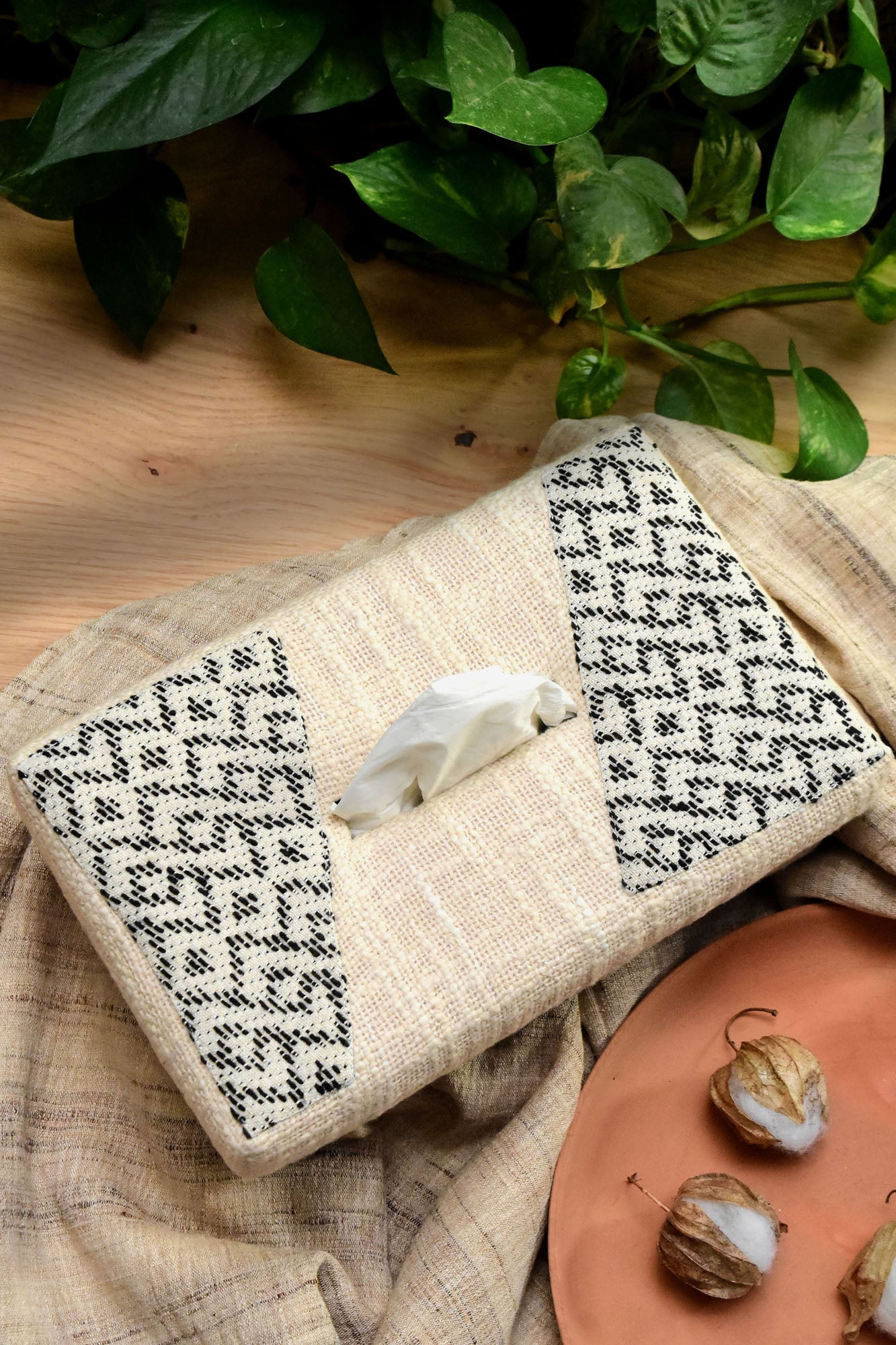 Handwoven Cotton Tissue Box - Jacquard Geometric Design
