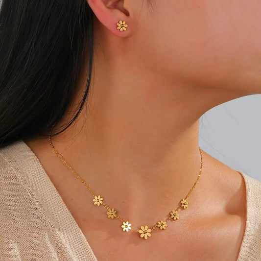 18K Gold Plated Necklace Earrings Set - Stainless Steel Jewelry