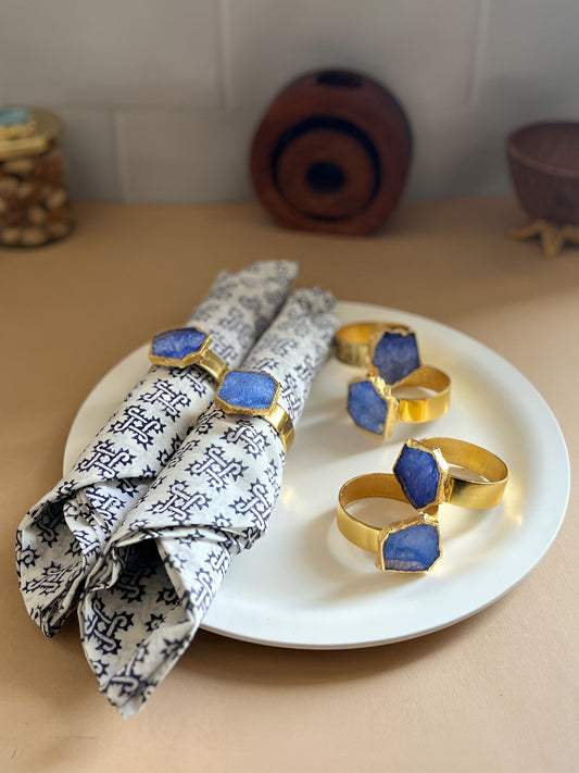 Blue & Gold Toned Crystal Agate Napkin Rings – Dining Tableware – Metal, Agate Embellished – 6 Piece Set