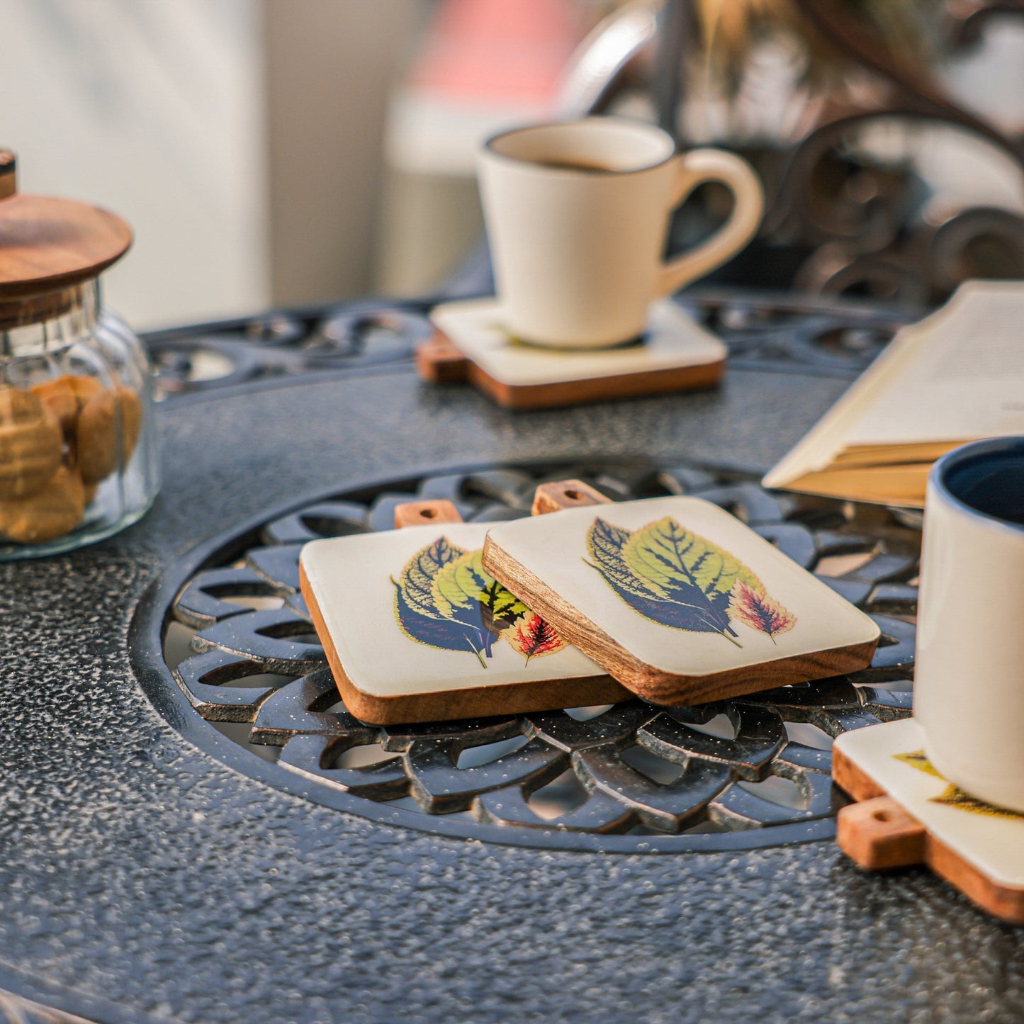 Timber Leaf Coaster Set – Drink Coasters – Acacia Wood & Enamel – Intricate Design (Set of 4)