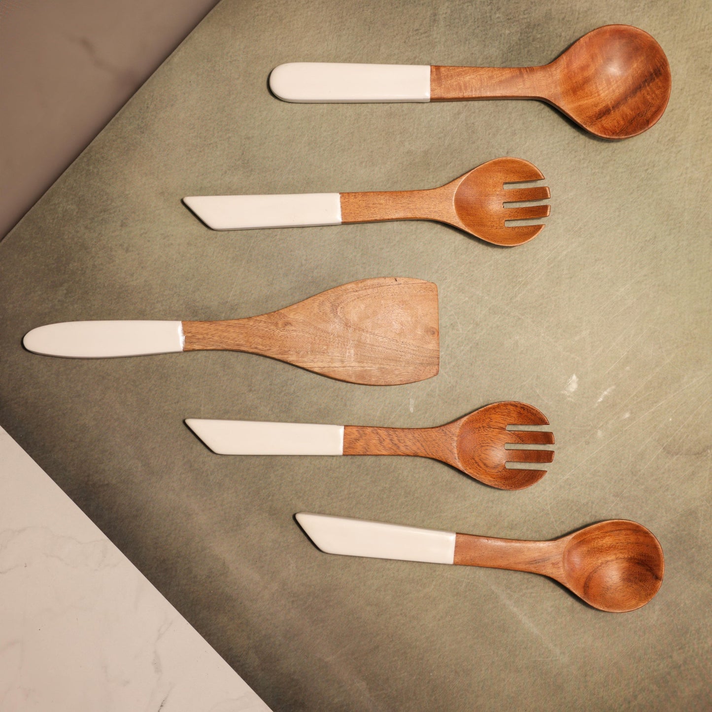 Handcrafted 3-Piece Set Ivory Serving Spoons Set – Serving Utensil Set – Acacia Wood & Enamel