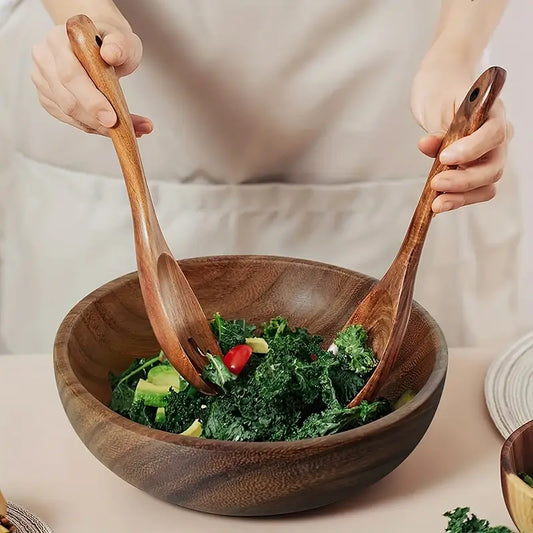 2PCS Acacia Wood Salad Spoons – Long-Handled Mixing Fork & Spoon Kitchen Set