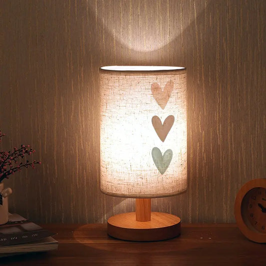 Heart Print Bedside Lamp - LED, USB Powered, Fabric Shade