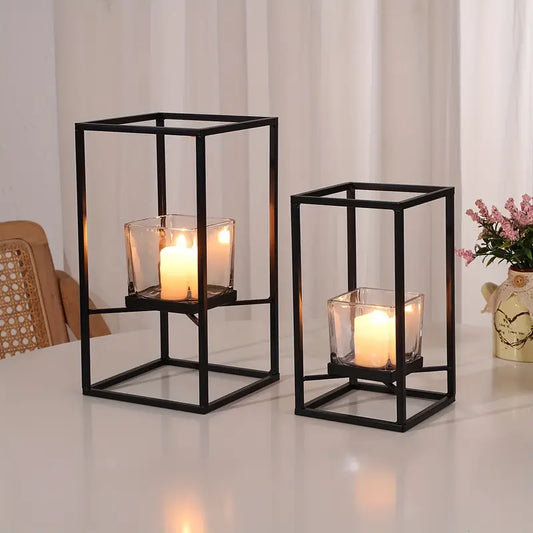 Black Iron Candle Holder - Windproof Glass, Home Decor Centerpiece