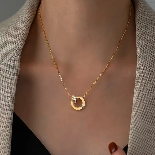 18K Gold Zircon Pendant Necklace - Stainless Steel Crystal