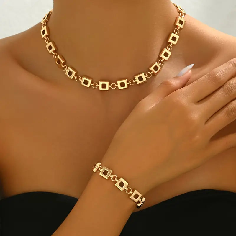 2pcs Boho Hollow Square Link Necklace & Bracelet Set – Versatile Jewelry for Women