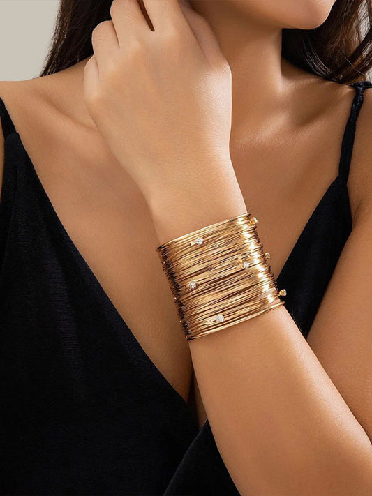 Gold-Plated Crystals Studded Cuff Bracelet – Fashion Accessory – Gold-Toned Metal – 6 CM Diameter
