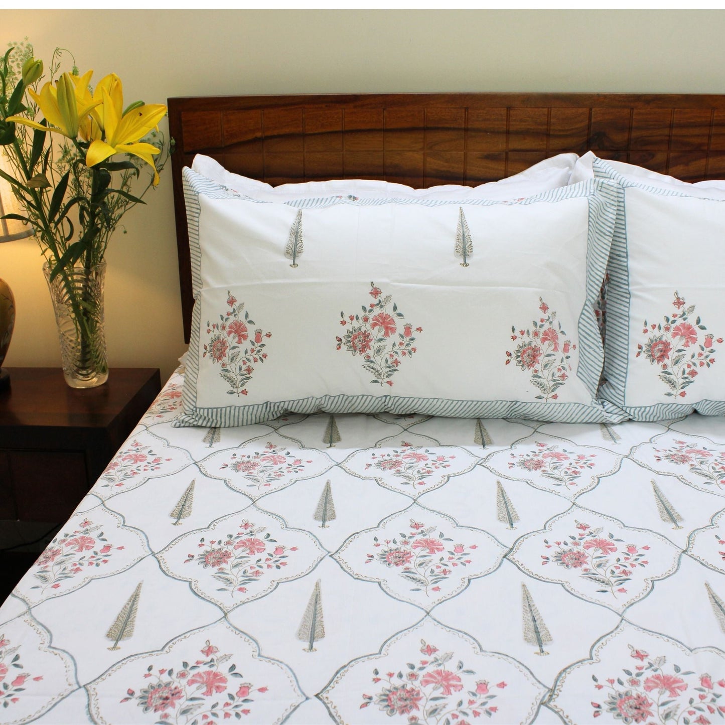 Bedsheet | Handblock-Printed Cotton Colours Of The Garden | Set of 3 Pcs