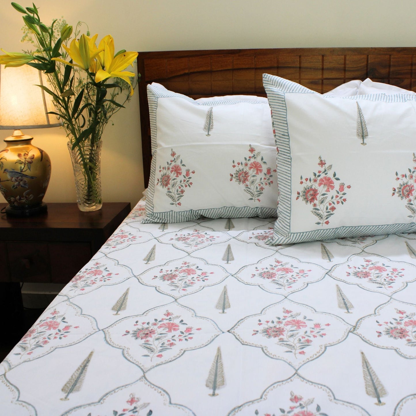 Bedsheet | Handblock-Printed Cotton Colours Of The Garden | Set of 3 Pcs