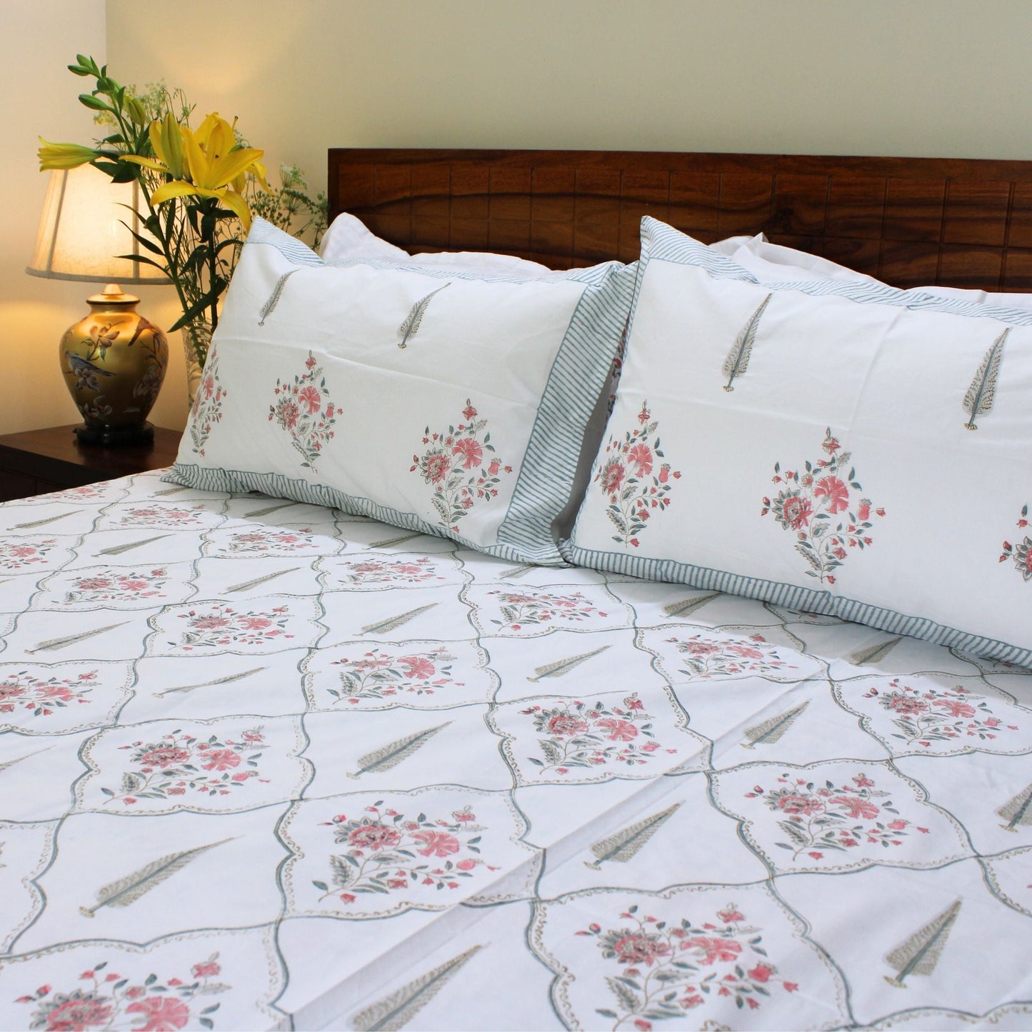 Bedsheet | Handblock-Printed Cotton Colours Of The Garden | Set of 3 Pcs