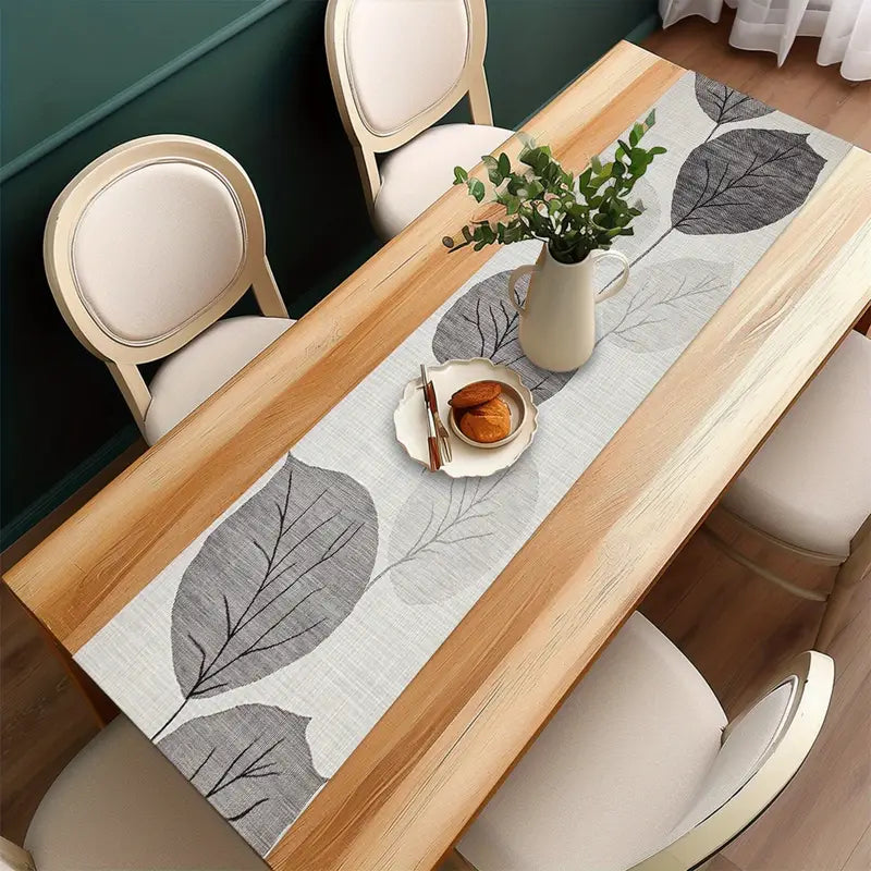 Gray Leaf Table Runner 35x140cm - Polyester, Indoor/Outdoor