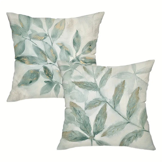 Lot de 2 housses de coussin en lin mélangé vert sauge à motif feuilles aquarelles, 45,72 x 45,72 cm