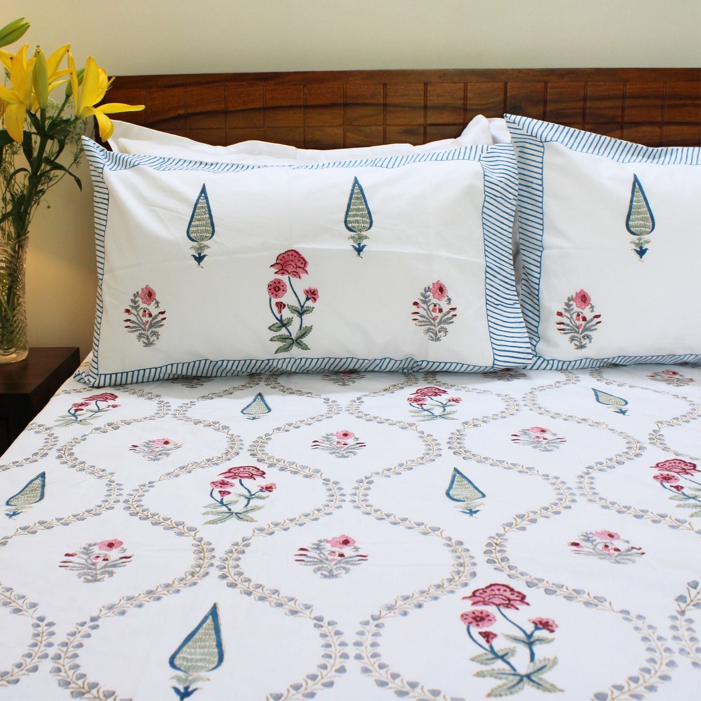Bedsheet | Cotton Handblock Garden Blooms | Set of 3