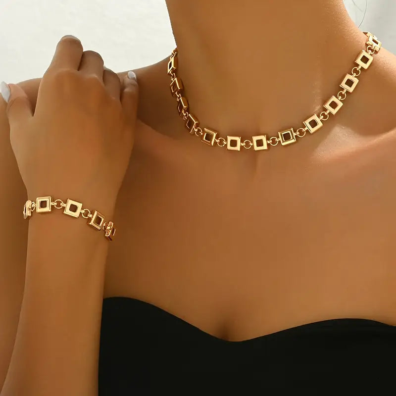2pcs Boho Hollow Square Link Necklace & Bracelet Set – Versatile Jewelry for Women