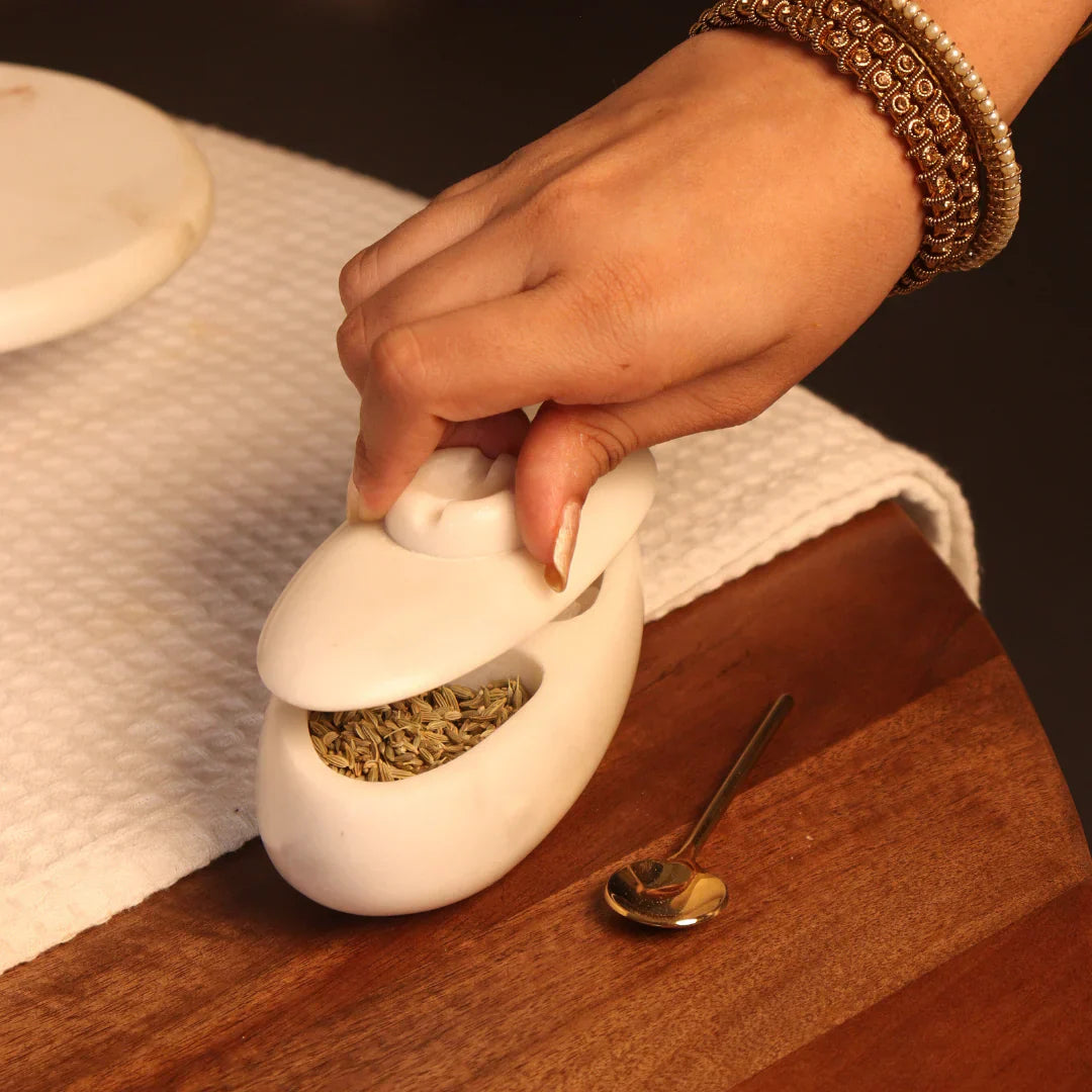 Handcrafted Marble Twin Serving Platter - With Gold Spoon & Lid