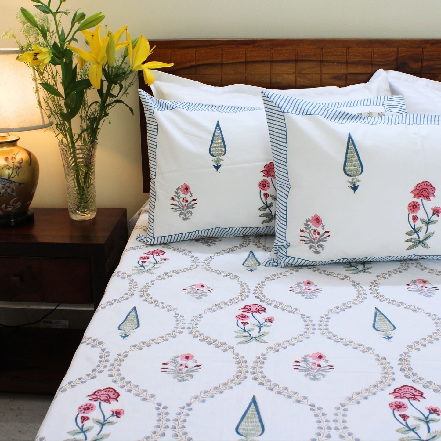 Bedsheet | Cotton Handblock Garden Blooms | Set of 3