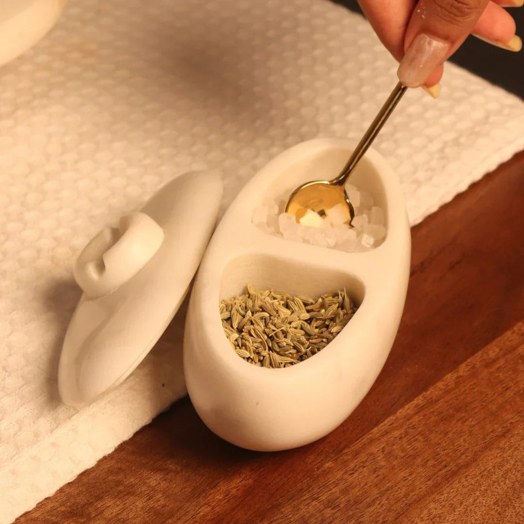Handcrafted Marble Twin Serving Platter - With Gold Spoon & Lid