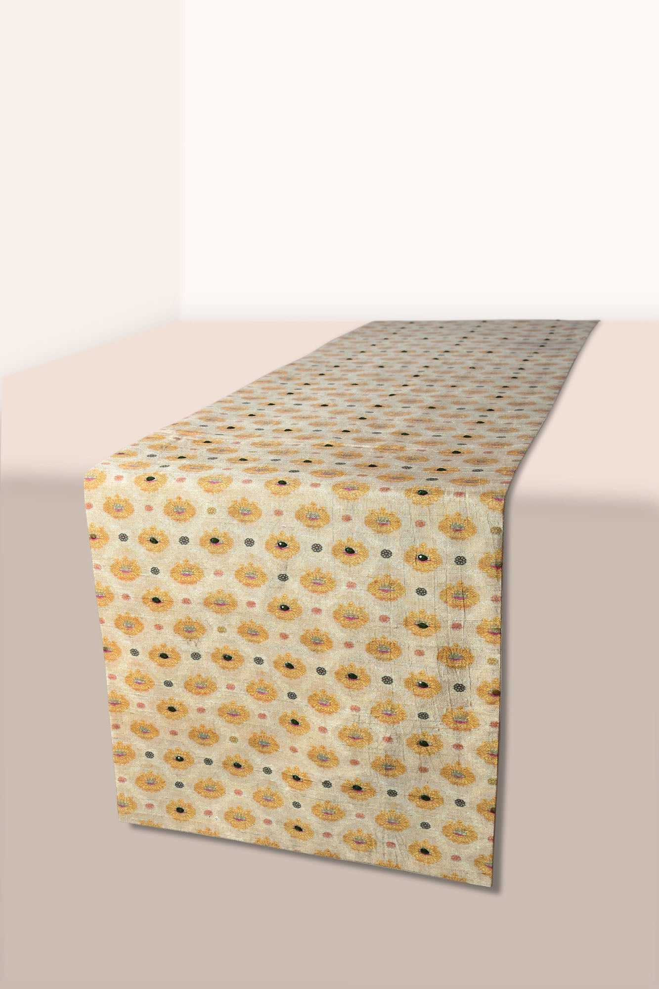Handwoven Dupion Silk Table Runner - Mustard Buti Patterns & Bead Work