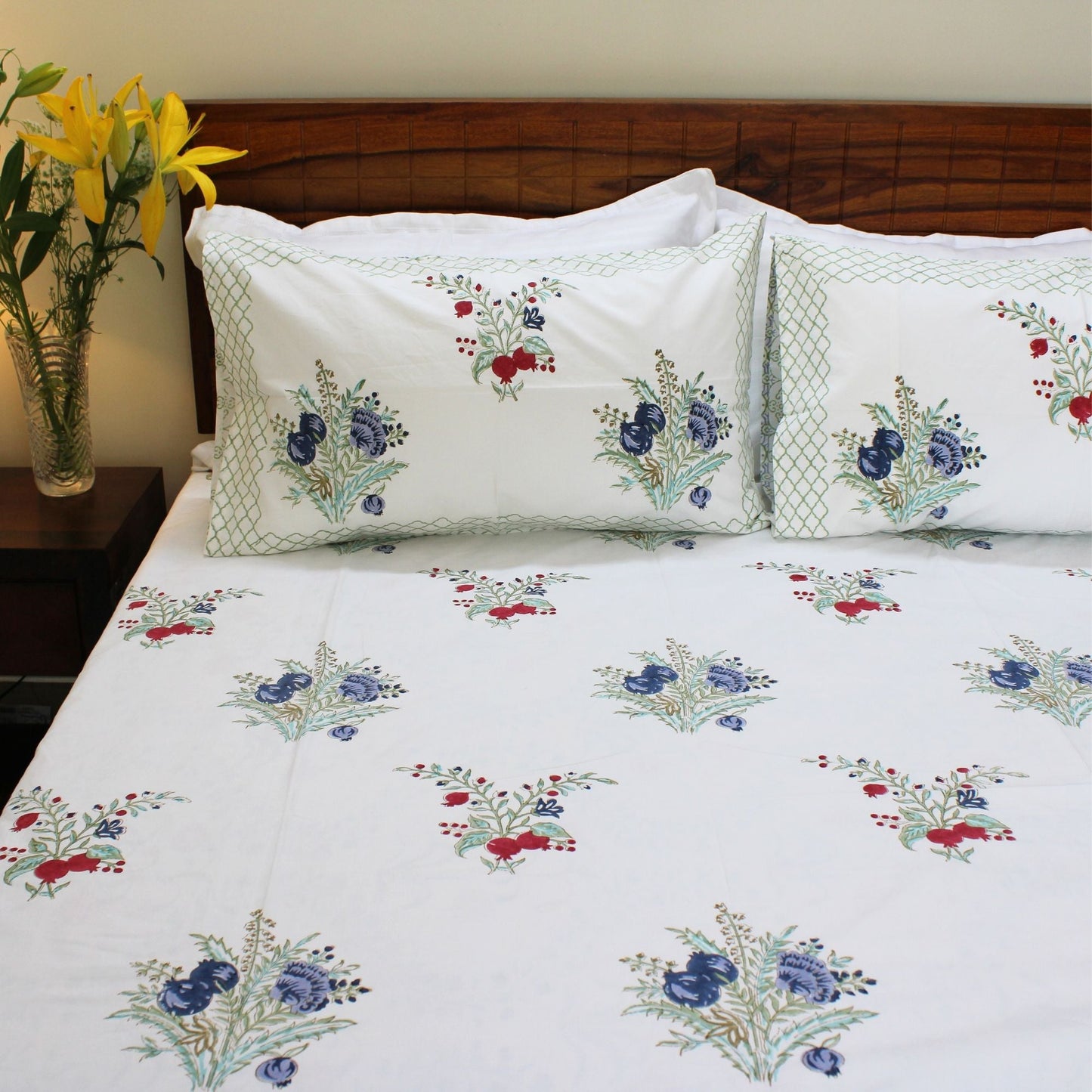 Bedsheet | Handblock-printed Cotton Garden Print | 3 Piece Set
