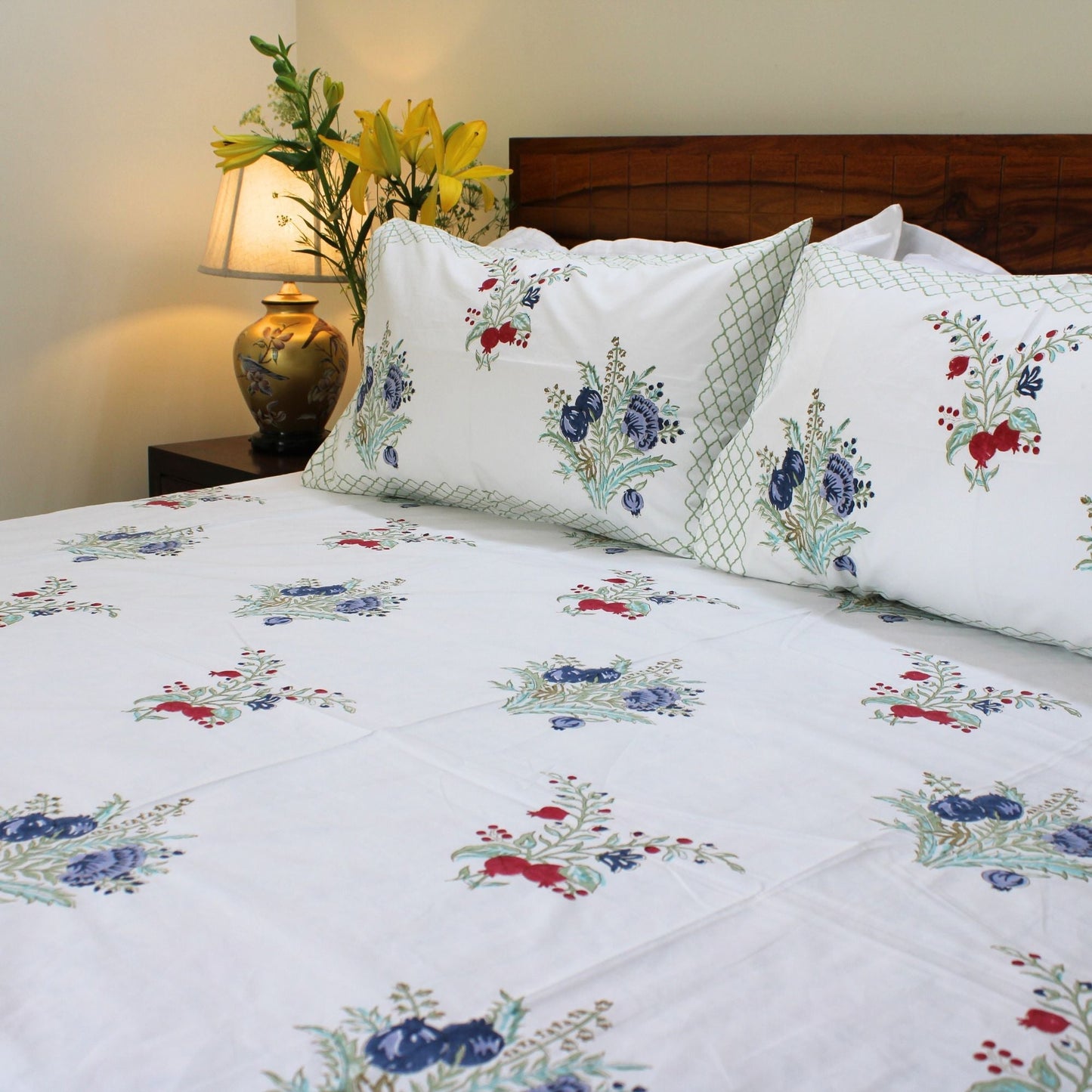 Bedsheet | Handblock-printed Cotton Garden Print | 3 Piece Set