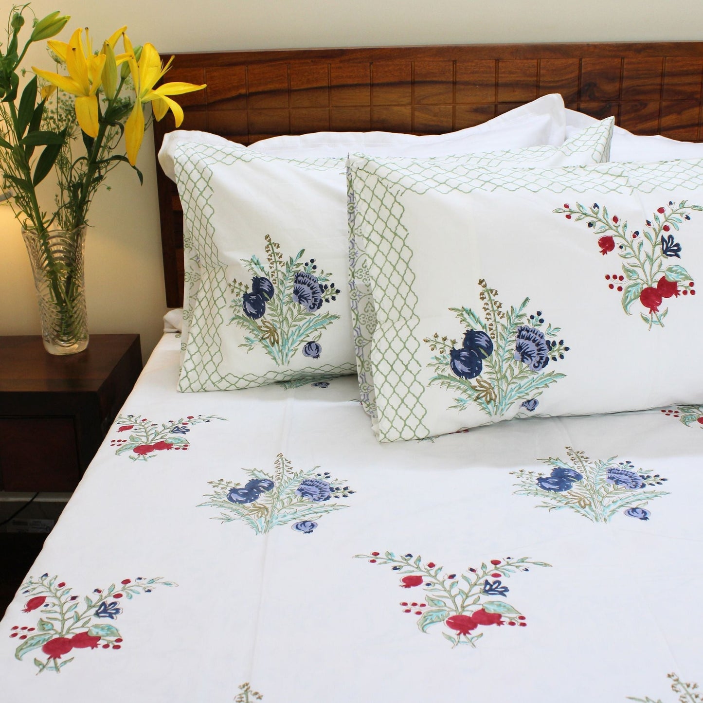Bedsheet | Handblock-printed Cotton Garden Print | 3 Piece Set