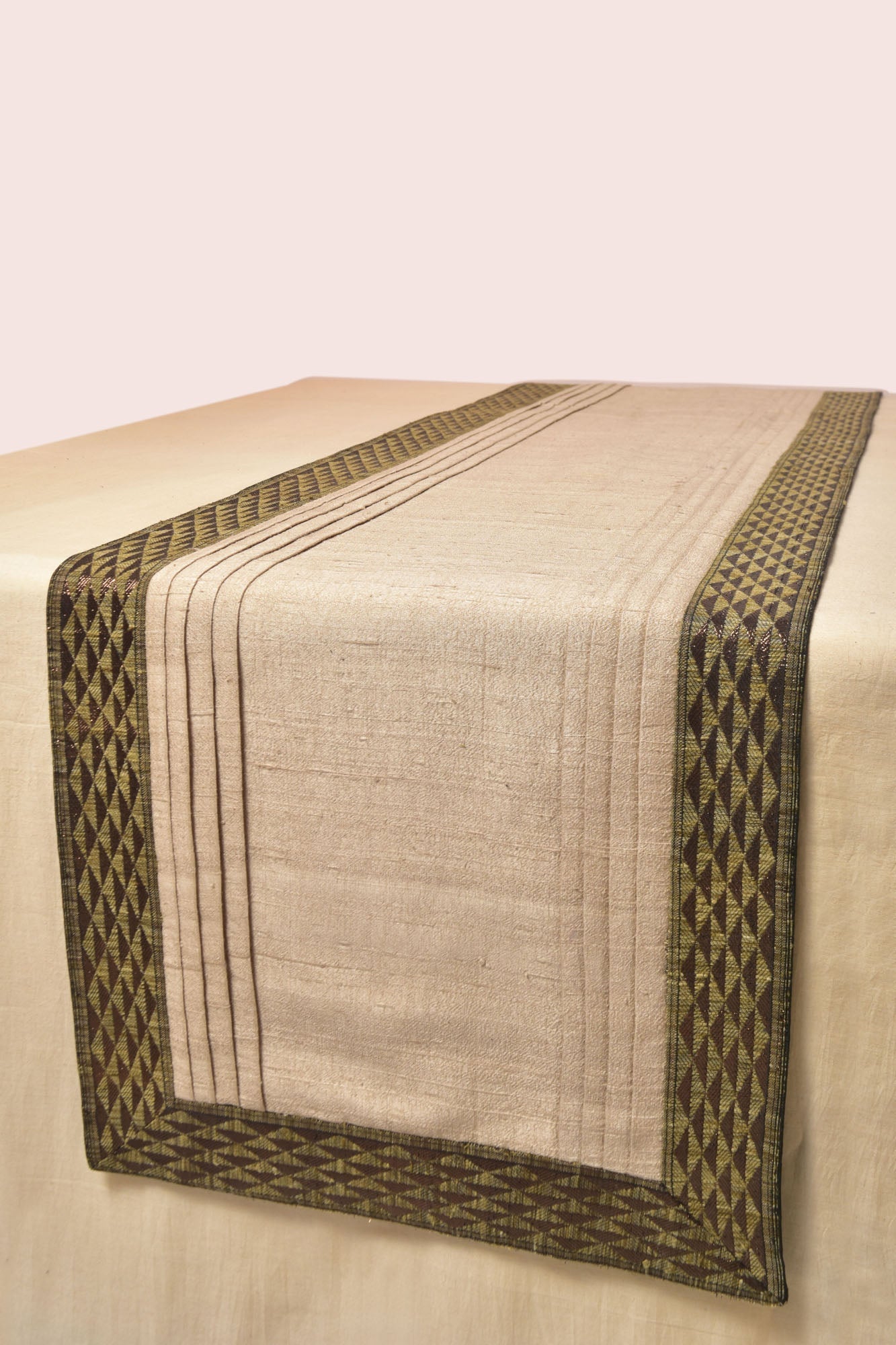 Handwoven Dupion Silk Table Runner - Zari Gold Border, 80x14in