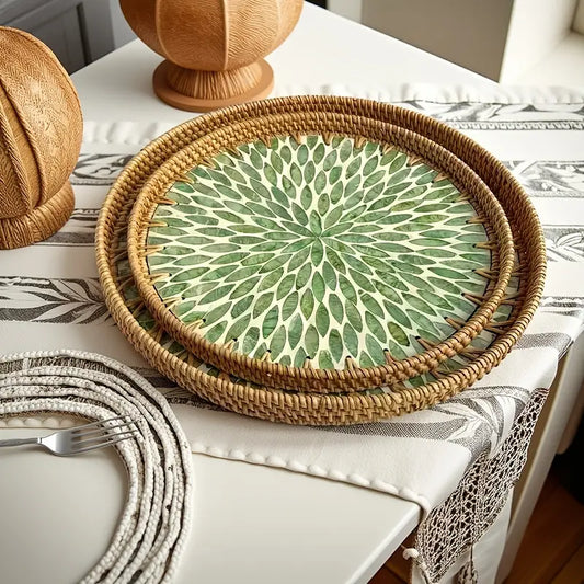 Round Rattan Tray - Blue Floral Leaf Decor - Rustic Serving Tray